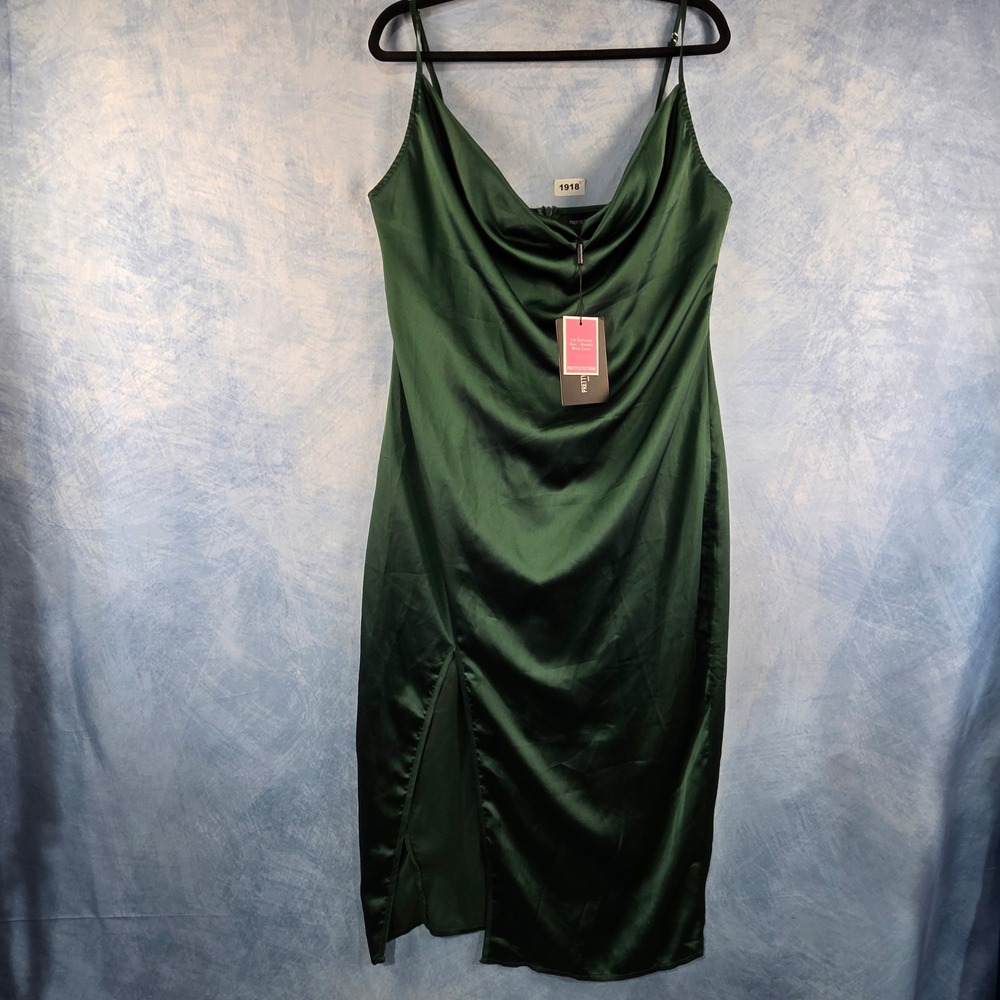 PrettyLittleThing Emerald Green Satin Cowl Neck Midi Dress Size 10 NWT